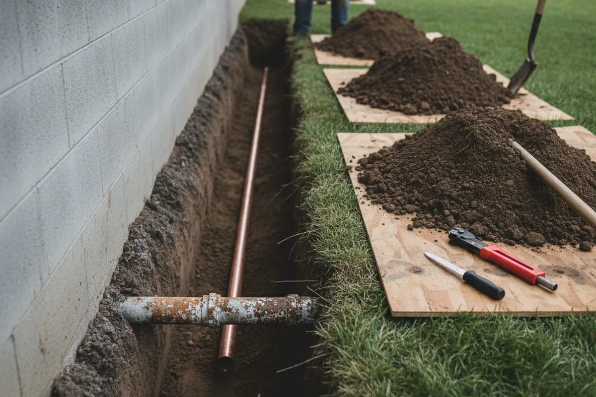 Excavated water line trench during Water Softener Installation in Black Earth